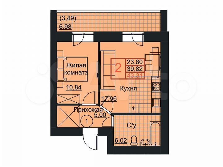 1-к. квартира, 43,3 м², 14/19 эт.