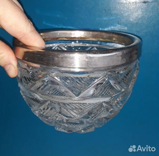 Хрустальный салатник ободком мельхиор посеребрение