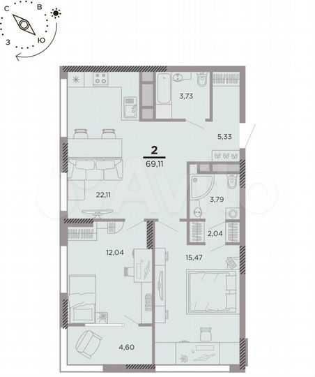 2-к. квартира, 69,1 м², 17/25 эт.