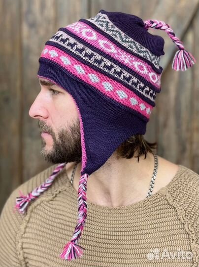 Мужская шапка двусторонняя с ушками зимняя Чульо 100% альпака цвет росадо-фуксия