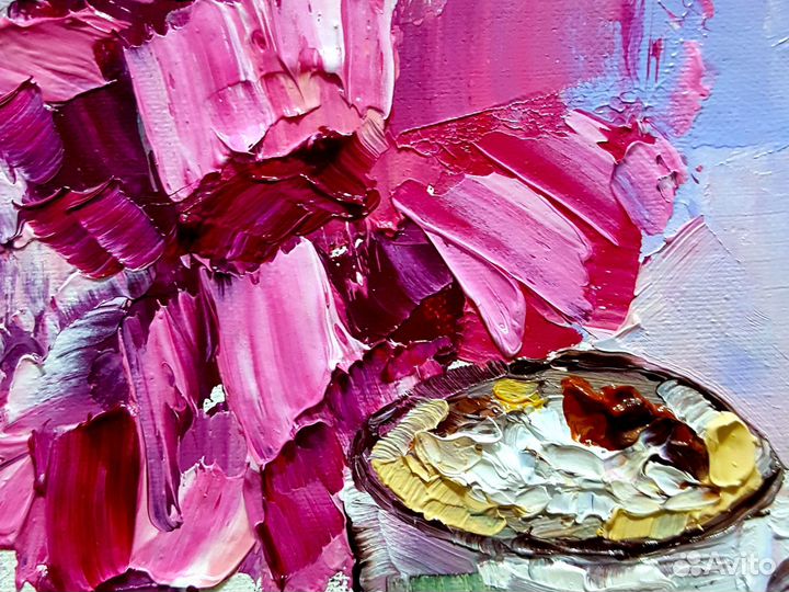 Картина маслом с цветами на холсте Завтрак и Пионы