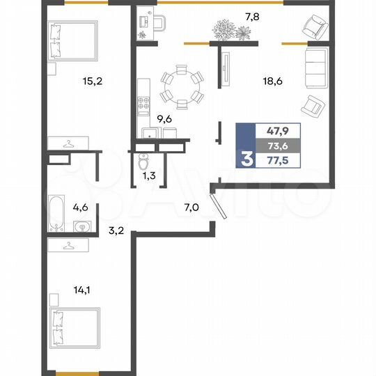 3-к. квартира, 77,5 м², 8/12 эт.