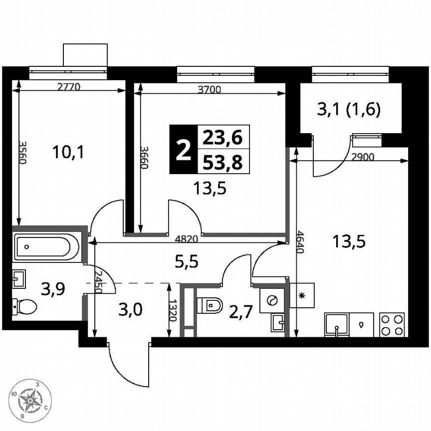 2-к. квартира, 53,8 м², 16/16 эт.
