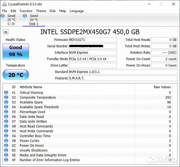 Новый Intel DC P3520 450 Gb U.2 NVMe