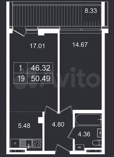 2-к. апартаменты, 50,5 м², 4/8 эт.