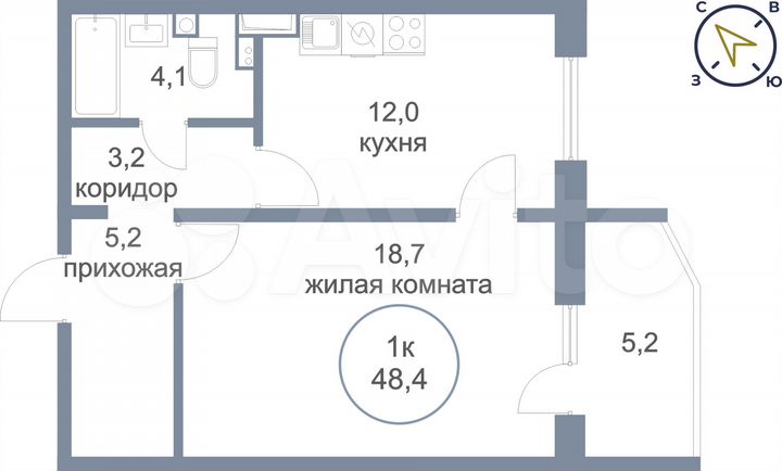 1-к. квартира, 48,4 м², 1/17 эт.