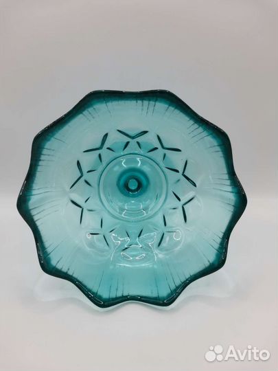 Ваза на ножке Конфетница Голубое стекло СССР