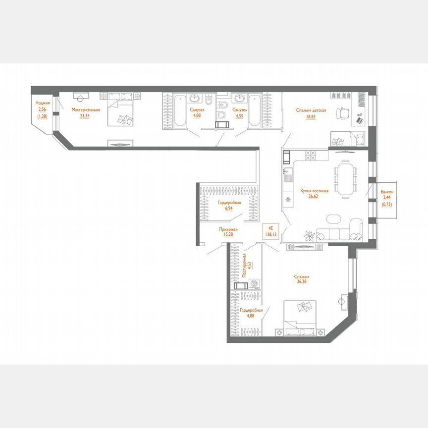 3-к. квартира, 136,8 м², 3/7 эт.