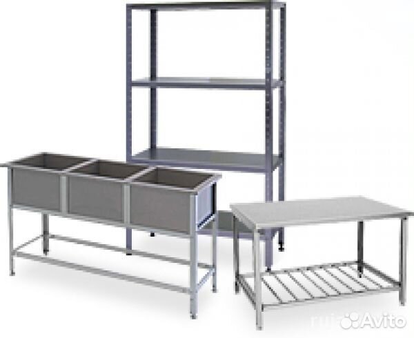 Столы разделочные, ванны моечные, стеллажи,полки