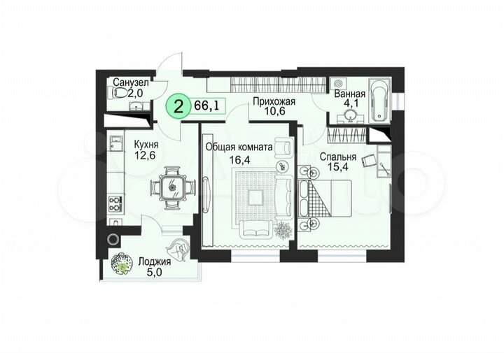 2-к. квартира, 66,1 м², 2/8 эт.