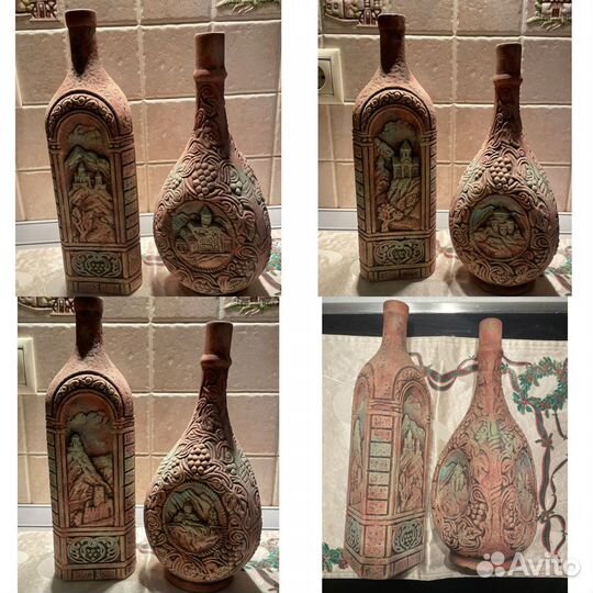 Бутылки декоративные коллекционные, глиняные
