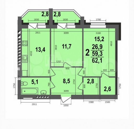 2-к. квартира, 62,1 м², 2/5 эт.