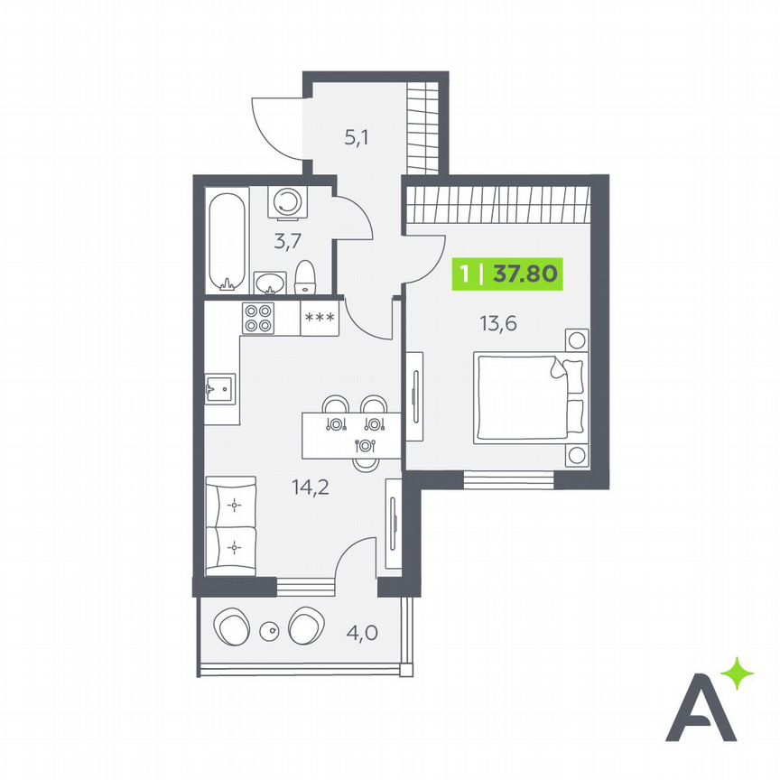 1-к. квартира, 37,8 м², 1/11 эт.