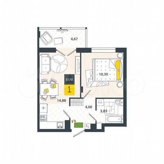 1-к. квартира, 37,7 м², 1/8 эт.