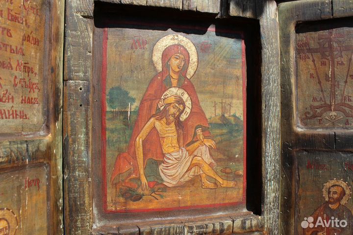 Икона старинная Триптих Север 51*57 золото темпера