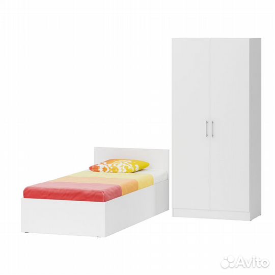 Кровать белая односпальная 900 со шкафом для одежды 2-х створчатым Стандарт, цвет белый, спальное ме