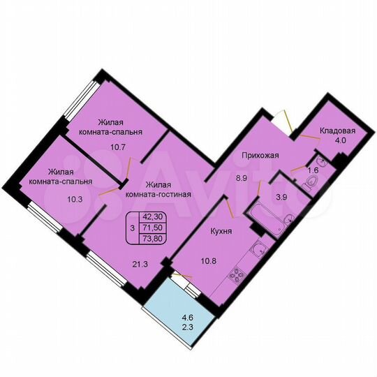 3-к. квартира, 73,8 м², 4/8 эт.
