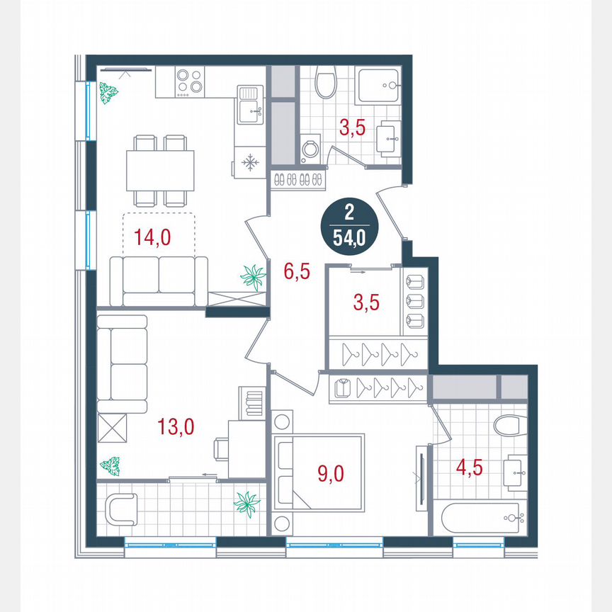 2-к. квартира, 54 м², 13/17 эт.
