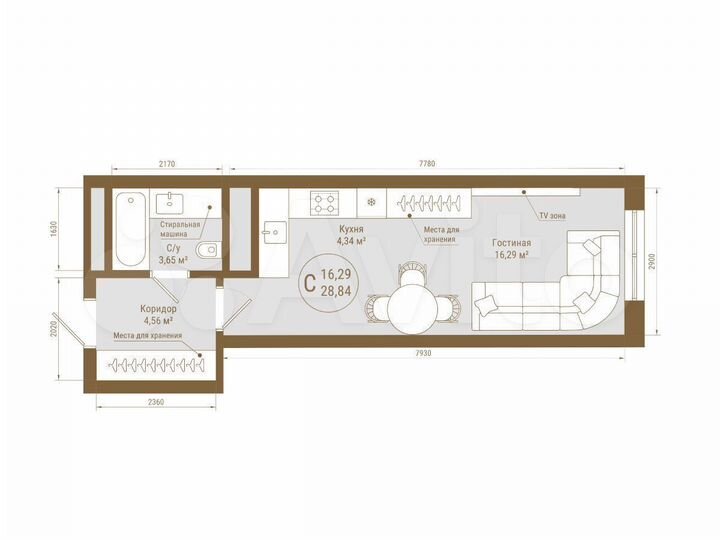 Квартира-студия, 28,8 м², 9/25 эт.