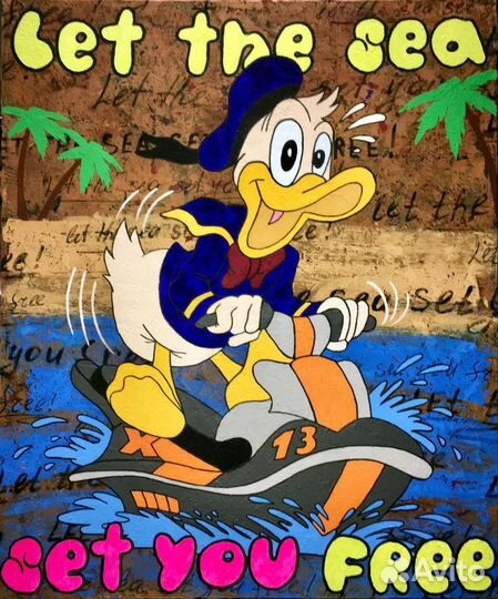 Большая картина Поп арт Дональд/ море/ гидроцикл