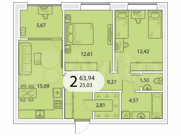 2-к. квартира, 63,9 м², 5/5 эт.