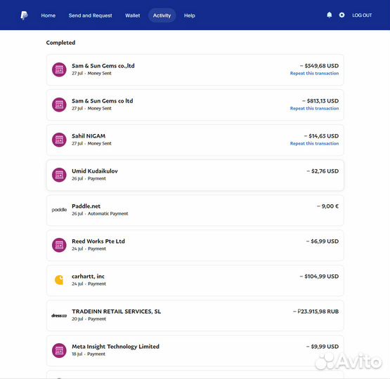 Оплата Перевод Вывод PayPal Посредник