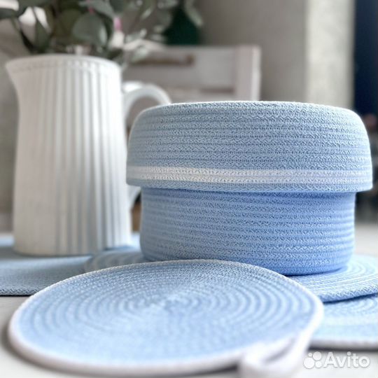 Корзинка и салфетка из хлопкового шнура голубая