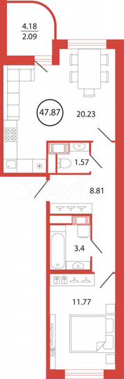 1-к. квартира, 47,9 м², 8/12 эт.