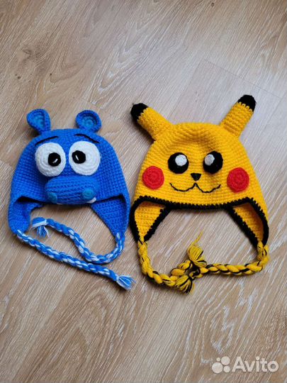 Вязаные шапки детские (пикачу, бегемот)