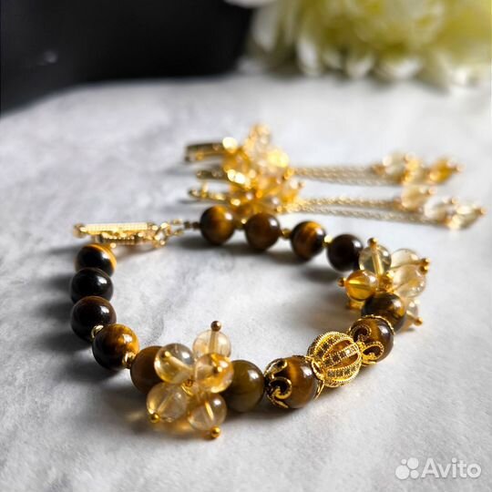Браслет, серьги с тигровым глазом и цитрином
