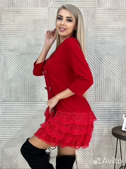 46-48р, платье красное, велюр + гипюр