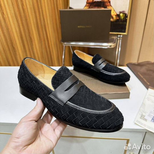 Лоферы Bottega Veneta плетёная замша чёрные