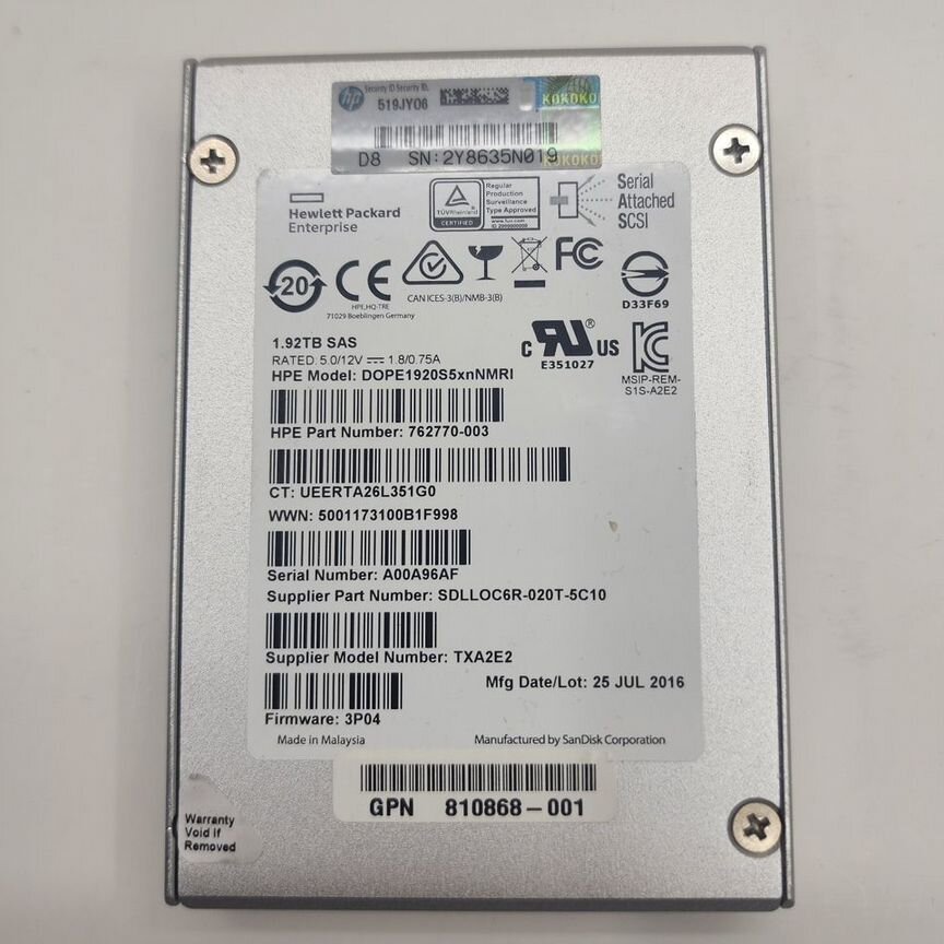 [810868-001] Ssd Hp Hpe Storeserv 3par 1.92тб Sas 810868-001