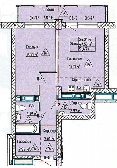 2-к. квартира, 51,5 м², 2/19 эт.