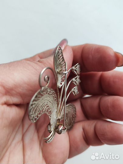 Брошь серебристая веточка скань винтаж