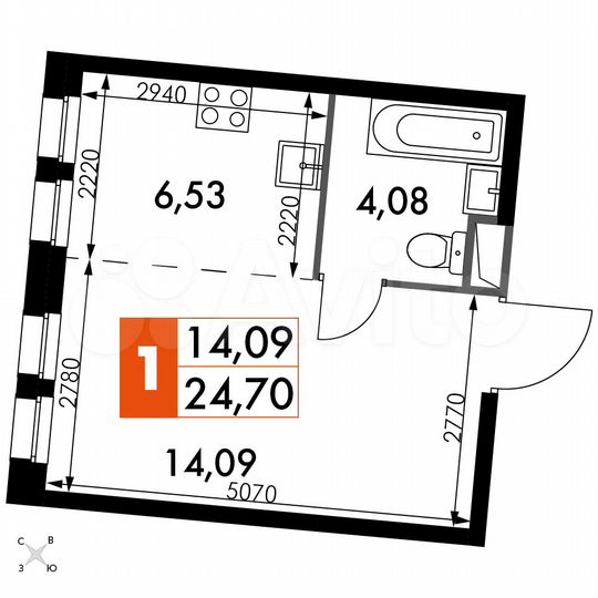 1-к. апартаменты, 24,7 м², 4/15 эт.