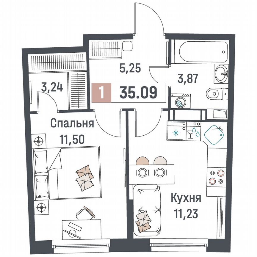 1-к. квартира, 35,1 м², 4/18 эт.