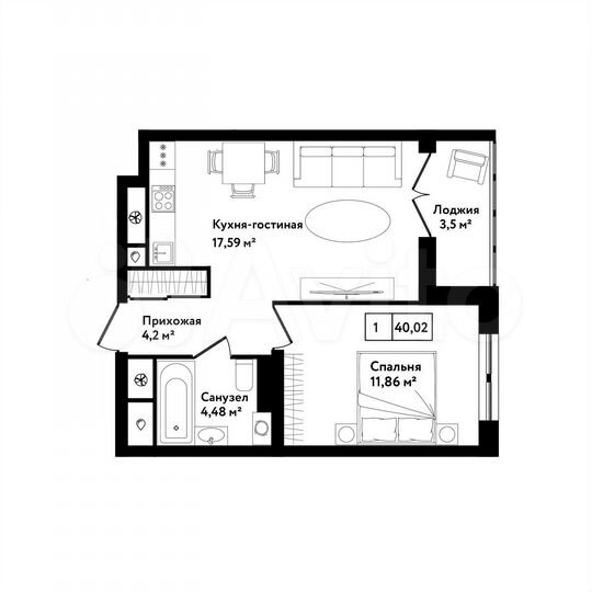 1-к. квартира, 40 м², 19/25 эт.