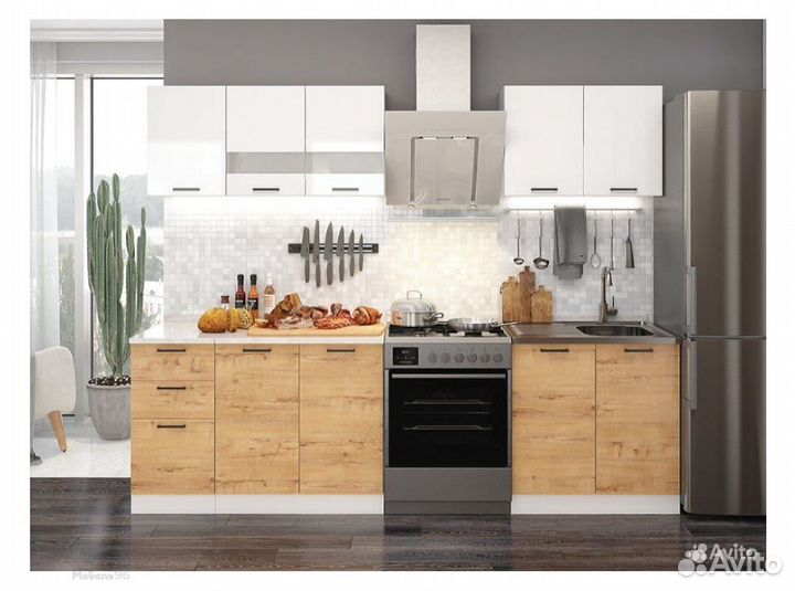 Кухня Дуся 2000 мм белый бриллиант, дуб бунратти