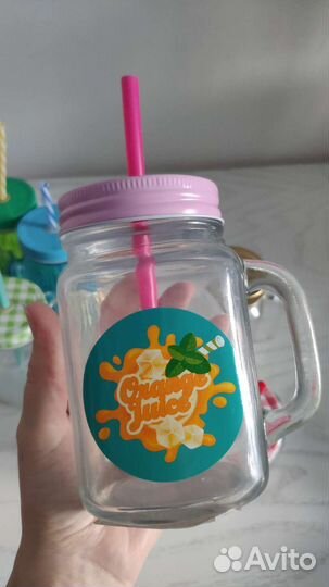 Кружка-банка с ручкой, крышкой и трубочкой