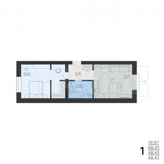 1-к. квартира, 48,4 м², 2/6 эт.