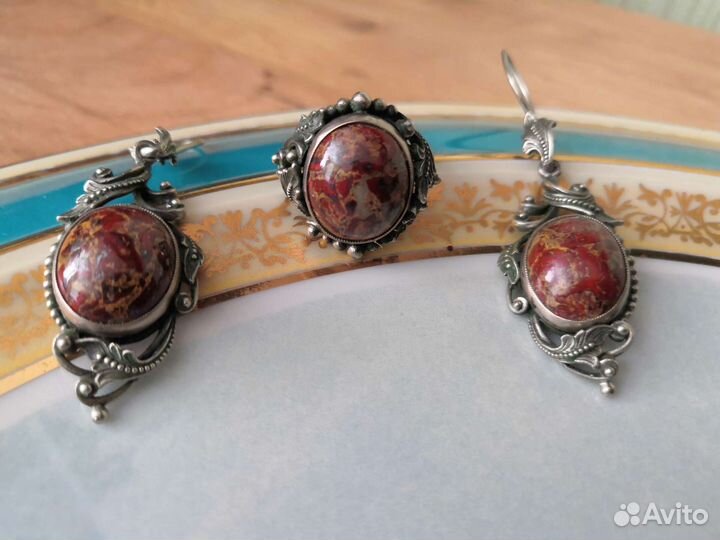 Серьги Кольцо СССР Мельхиор Яшма Уникальная работа