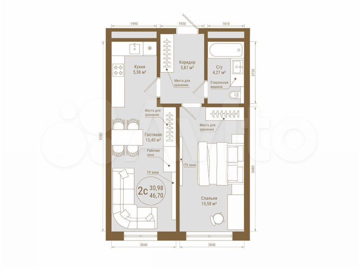 2-к. квартира, 46,7 м², 16/25 эт.