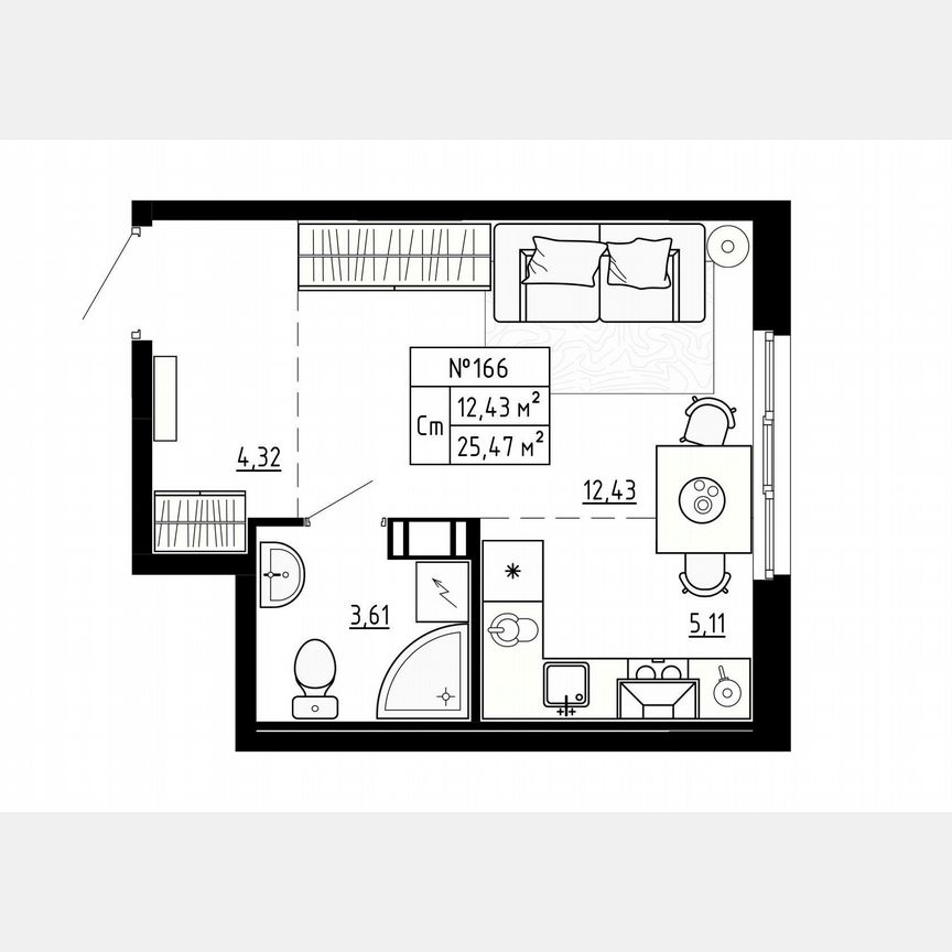 Квартира-студия, 25,5 м², 2/4 эт.