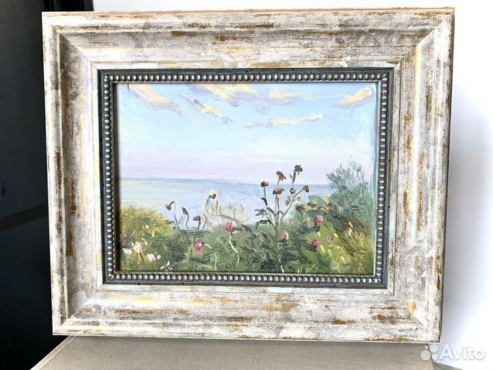 Картина маслом морской пейзаж с цветами в раме
