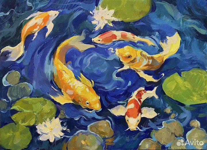 Картина маслом «Японские карпы» 40*55см в рамке