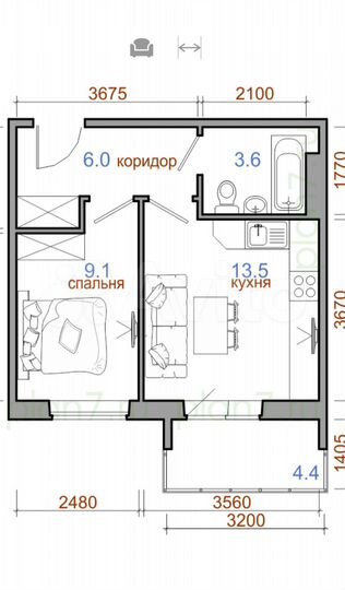 2-к. квартира, 36,6 м², 7/9 эт.