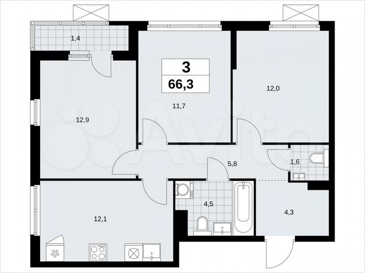 3-к. квартира, 66,3 м², 6/13 эт.