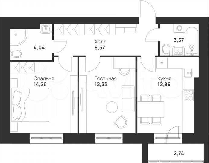 2-к. квартира, 59,6 м², 1/5 эт.