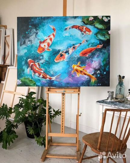 Картина маслом с рыбками кои 50/70 см